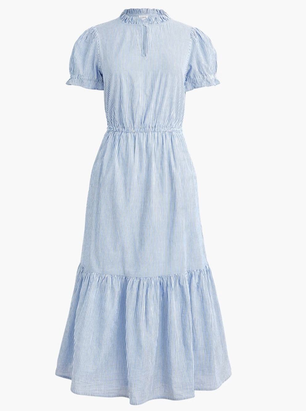 J.Crew Midi Dress SZ 00 Blue White Striped Ruffle Neck Puff Sleeve Elastic Waist
